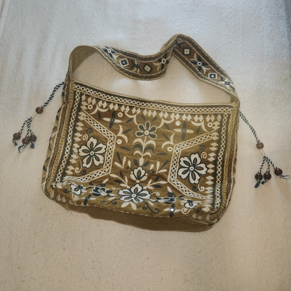 Free People Vic Velvet Slouchy Bag Embroidered Mirrors Beads Gilded Yellow Tote - Picture 9 of 11